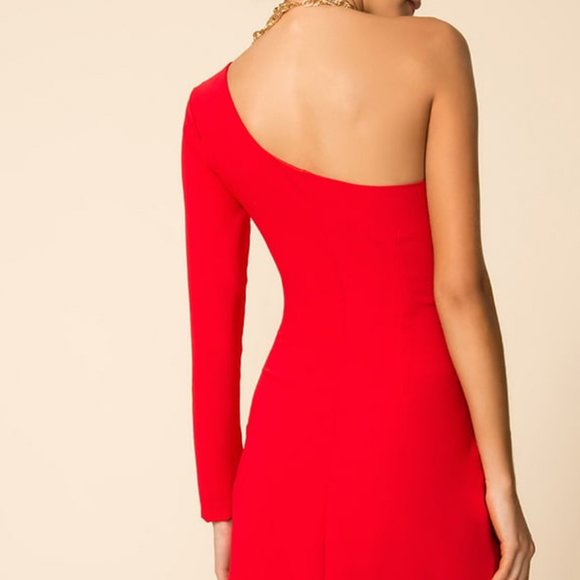 Rosalie One Shoulder Double Slit Dress In Red - Picture 2 of 4